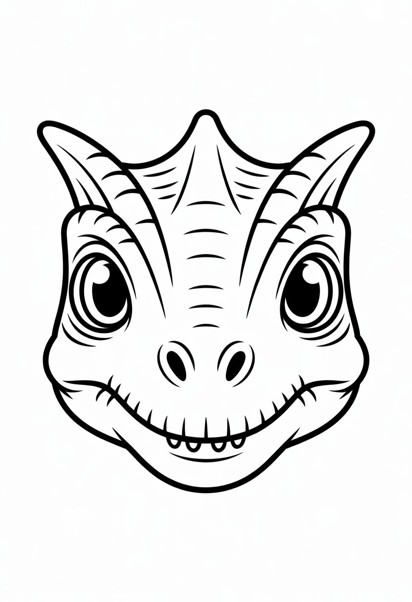 Cute Dinosaur Coloring Pages for Kids: 20 Fun and Easy Designs 39 Front view of a cute Dilophosaurus dinosaur face with large eyes and distinctive crests.